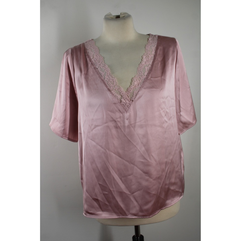 Joie M Pink Silky Satin Lace V Neck Short Sleeve Blouse Top
